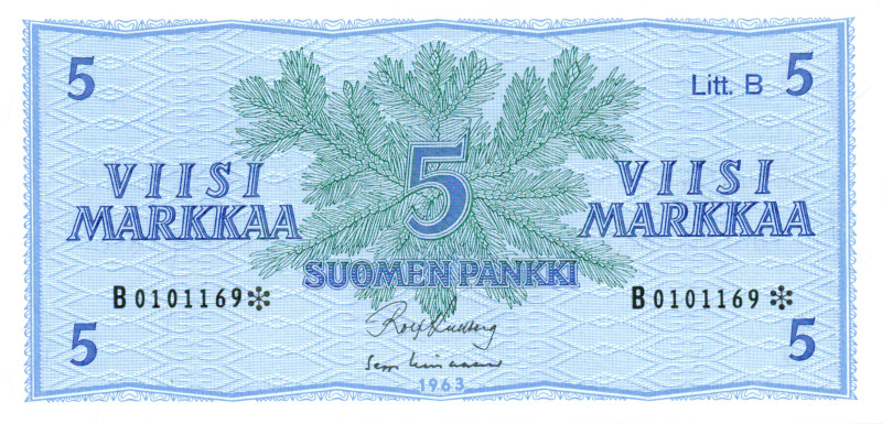 5 Markkaa 1963 Litt.B B0101169* kl.8
